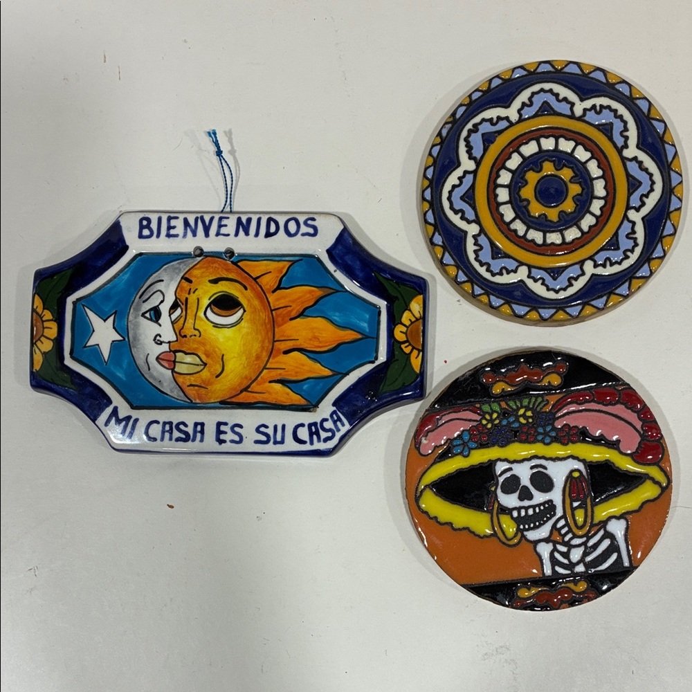 Mexican Wall Decor Ceramic Plaque PLUS 2 Coasters Very Colorful Day of the Dead